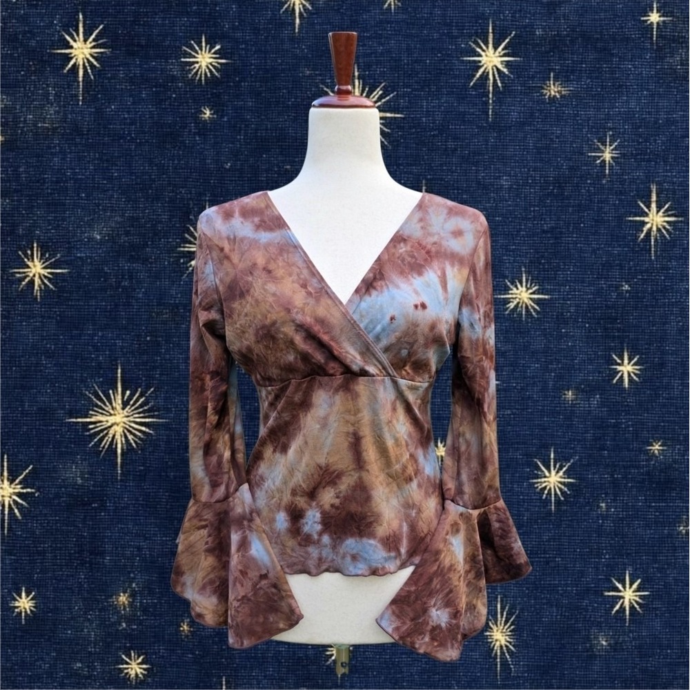 Vintage Y2K Bell Sleeve Top Size M Brown Blue Fairy Grunge Whimsigoth V-Neck